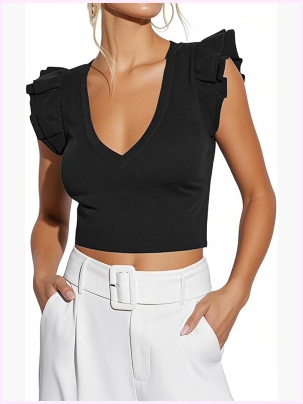 V Neck Crop Tank Top Ruffle Sleeve Ribbed Knit Sleeveless Blouse Slim Fit Sexy